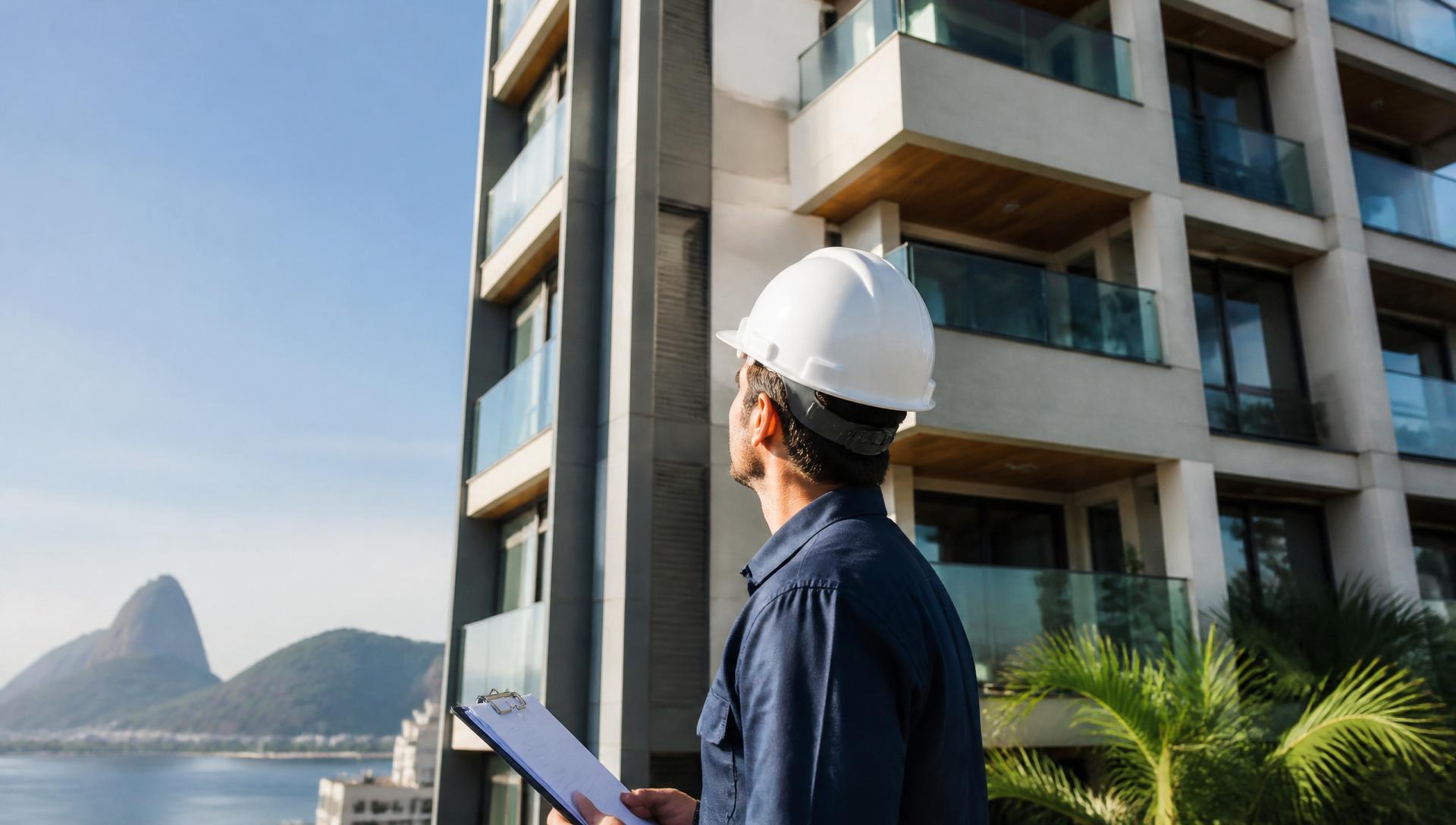 Engenheiro realizando inspeção predial em edifício moderno no Rio de Janeiro
